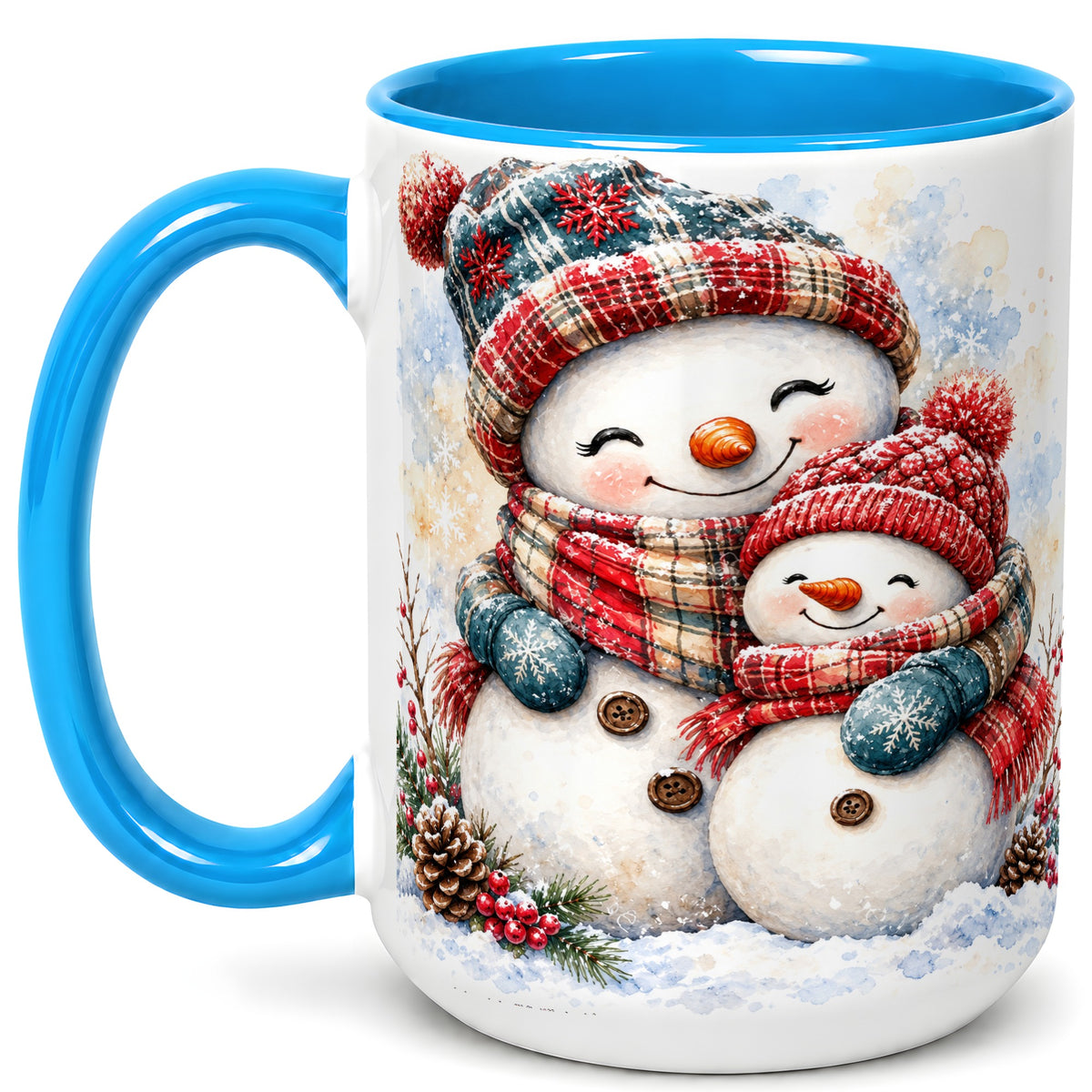 #pl[15oz|Blue] Snowman Family Coffee Mug, Cozy Winter Mug, Ceramic Cup