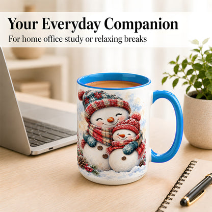 #pl[15oz|Blue] Snowman Family Coffee Mug, Cozy Winter Mug, Ceramic Cup