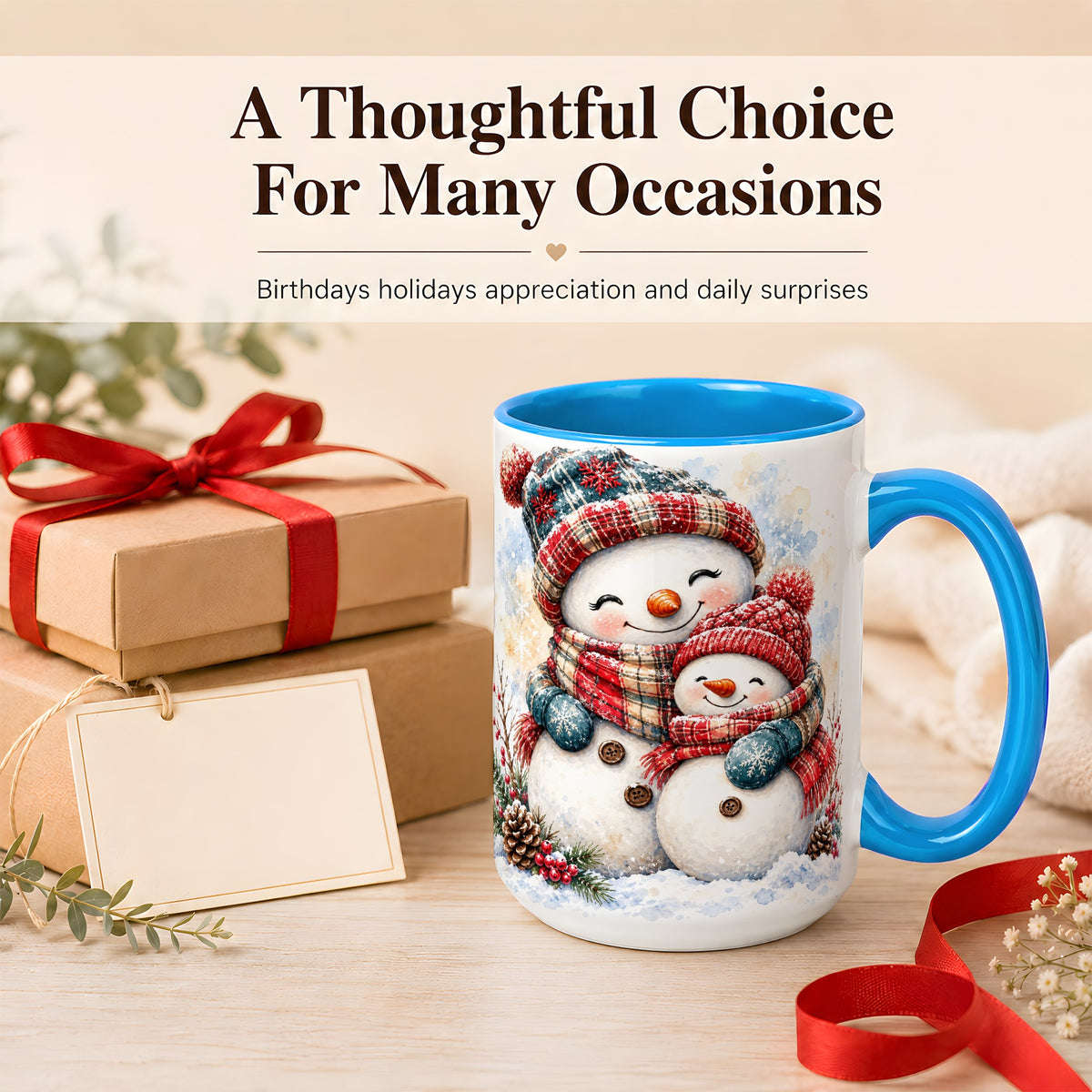 #pl[15oz|Blue] Snowman Family Coffee Mug, Cozy Winter Mug, Ceramic Cup