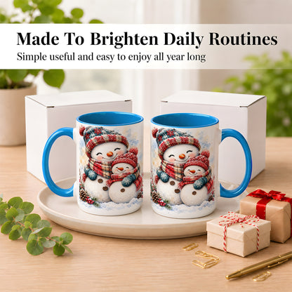 #pl[15oz|Blue] Snowman Family Coffee Mug, Cozy Winter Mug, Ceramic Cup