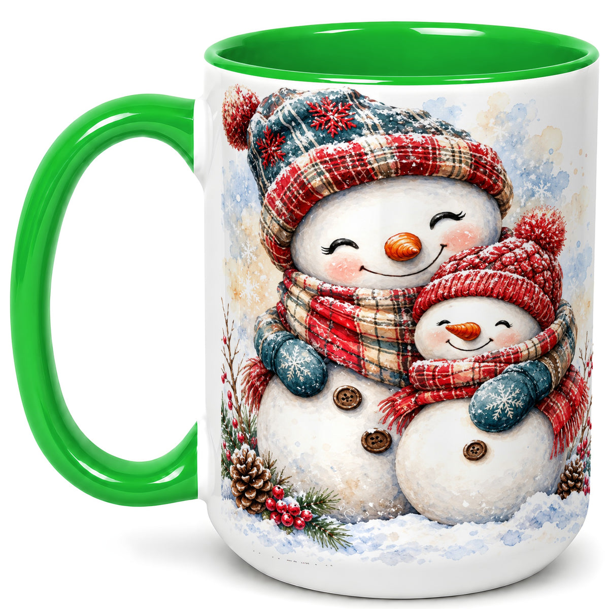 #pl[15oz|Green] Snowman Family Coffee Mug, Cozy Winter Mug, Ceramic Cup