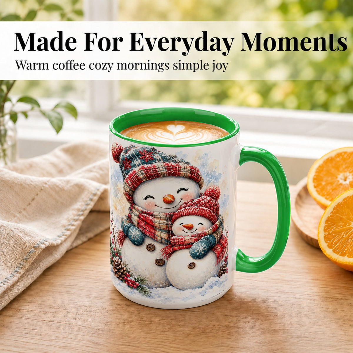 #pl[15oz|Green] Snowman Family Coffee Mug, Cozy Winter Mug, Ceramic Cup
