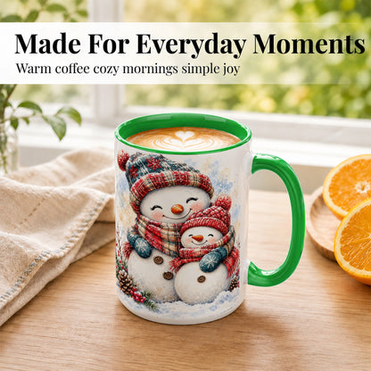 #pl[15oz|Green] Snowman Family Coffee Mug, Cozy Winter Mug, Ceramic Cup