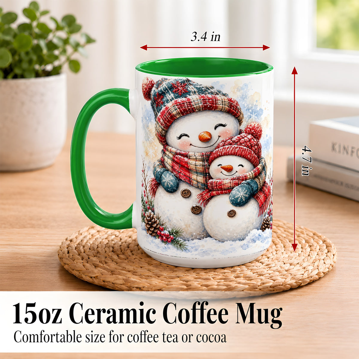 #pl[15oz|Green] Snowman Family Coffee Mug, Cozy Winter Mug, Ceramic Cup