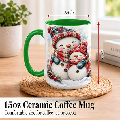 #pl[15oz|Green] Snowman Family Coffee Mug, Cozy Winter Mug, Ceramic Cup