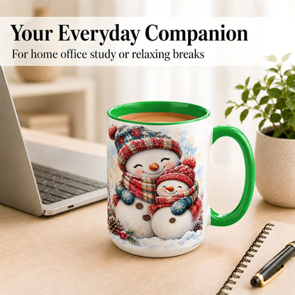 #pl[15oz|Green] Snowman Family Coffee Mug, Cozy Winter Mug, Ceramic Cup
