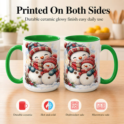 #pl[15oz|Green] Snowman Family Coffee Mug, Cozy Winter Mug, Ceramic Cup
