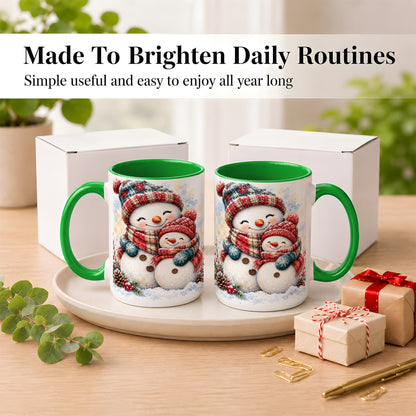 #pl[15oz|Green] Snowman Family Coffee Mug, Cozy Winter Mug, Ceramic Cup