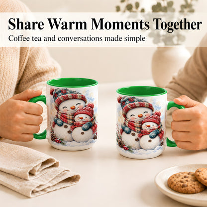 #pl[15oz|Green] Snowman Family Coffee Mug, Cozy Winter Mug, Ceramic Cup