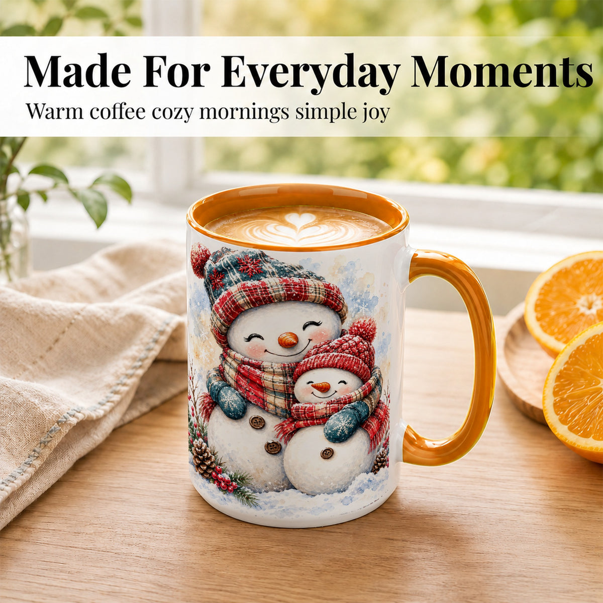 #pl[15oz|Orange] Snowman Family Coffee Mug, Cozy Winter Mug, Ceramic Cup