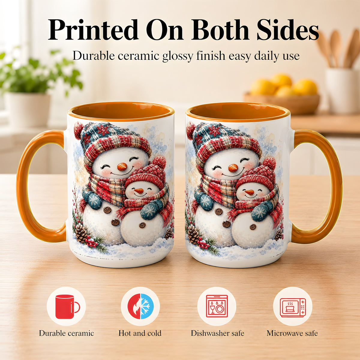 #pl[15oz|Orange] Snowman Family Coffee Mug, Cozy Winter Mug, Ceramic Cup