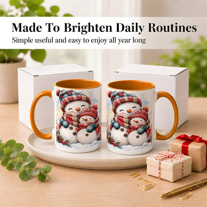 #pl[15oz|Orange] Snowman Family Coffee Mug, Cozy Winter Mug, Ceramic Cup