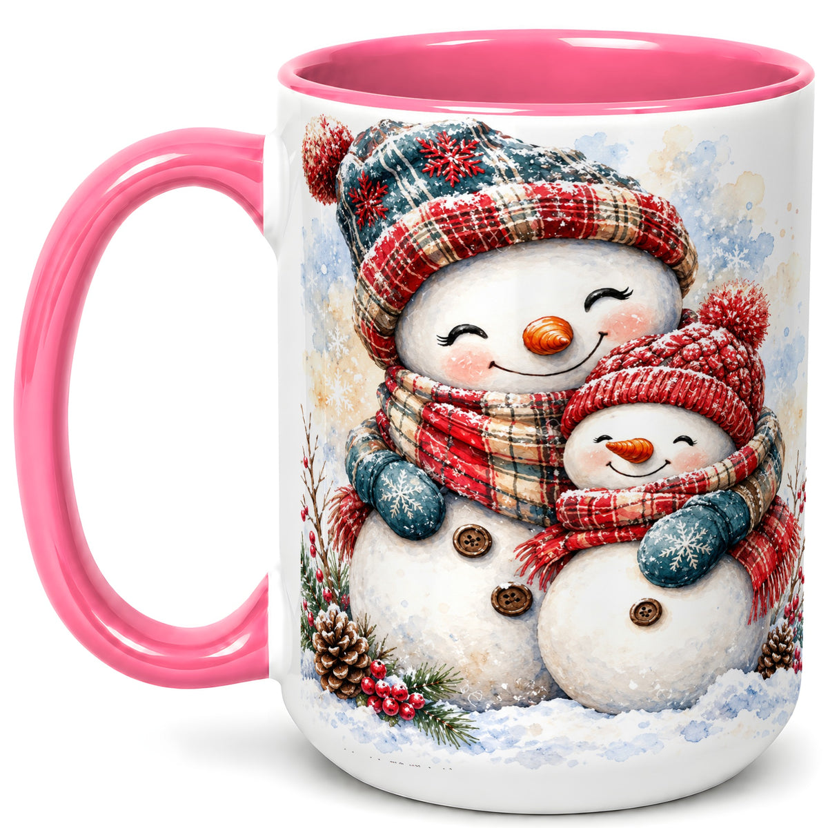 #pl[15oz|Pink] Snowman Family Coffee Mug, Cozy Winter Mug, Ceramic Cup