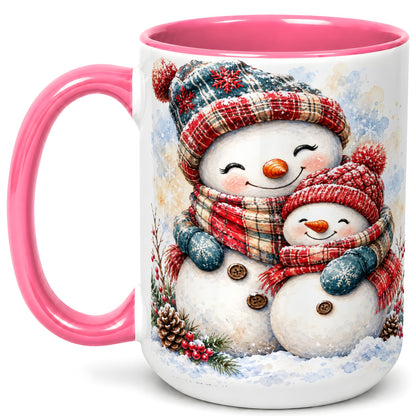 #pl[15oz|Pink] Snowman Family Coffee Mug, Cozy Winter Mug, Ceramic Cup