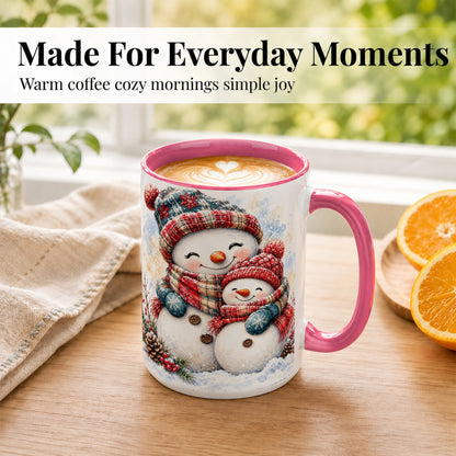 #pl[15oz|Pink] Snowman Family Coffee Mug, Cozy Winter Mug, Ceramic Cup