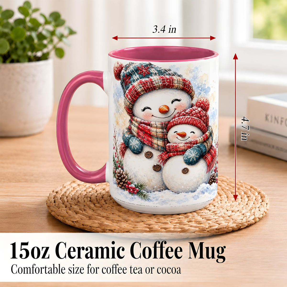 #pl[15oz|Pink] Snowman Family Coffee Mug, Cozy Winter Mug, Ceramic Cup