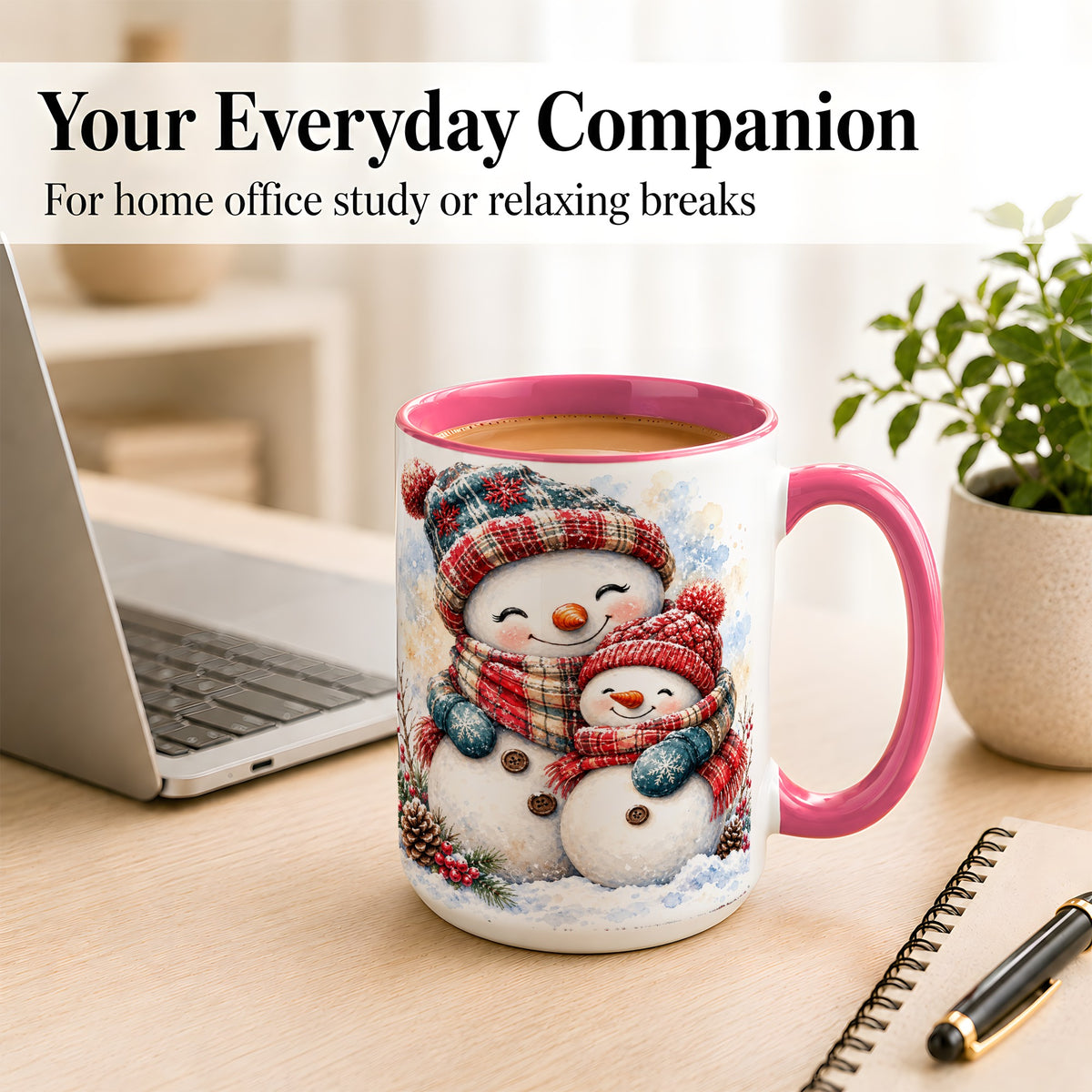 #pl[15oz|Pink] Snowman Family Coffee Mug, Cozy Winter Mug, Ceramic Cup