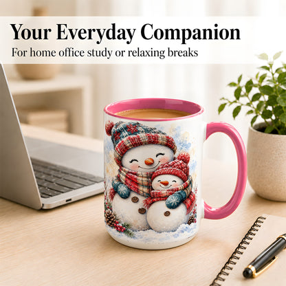 #pl[15oz|Pink] Snowman Family Coffee Mug, Cozy Winter Mug, Ceramic Cup