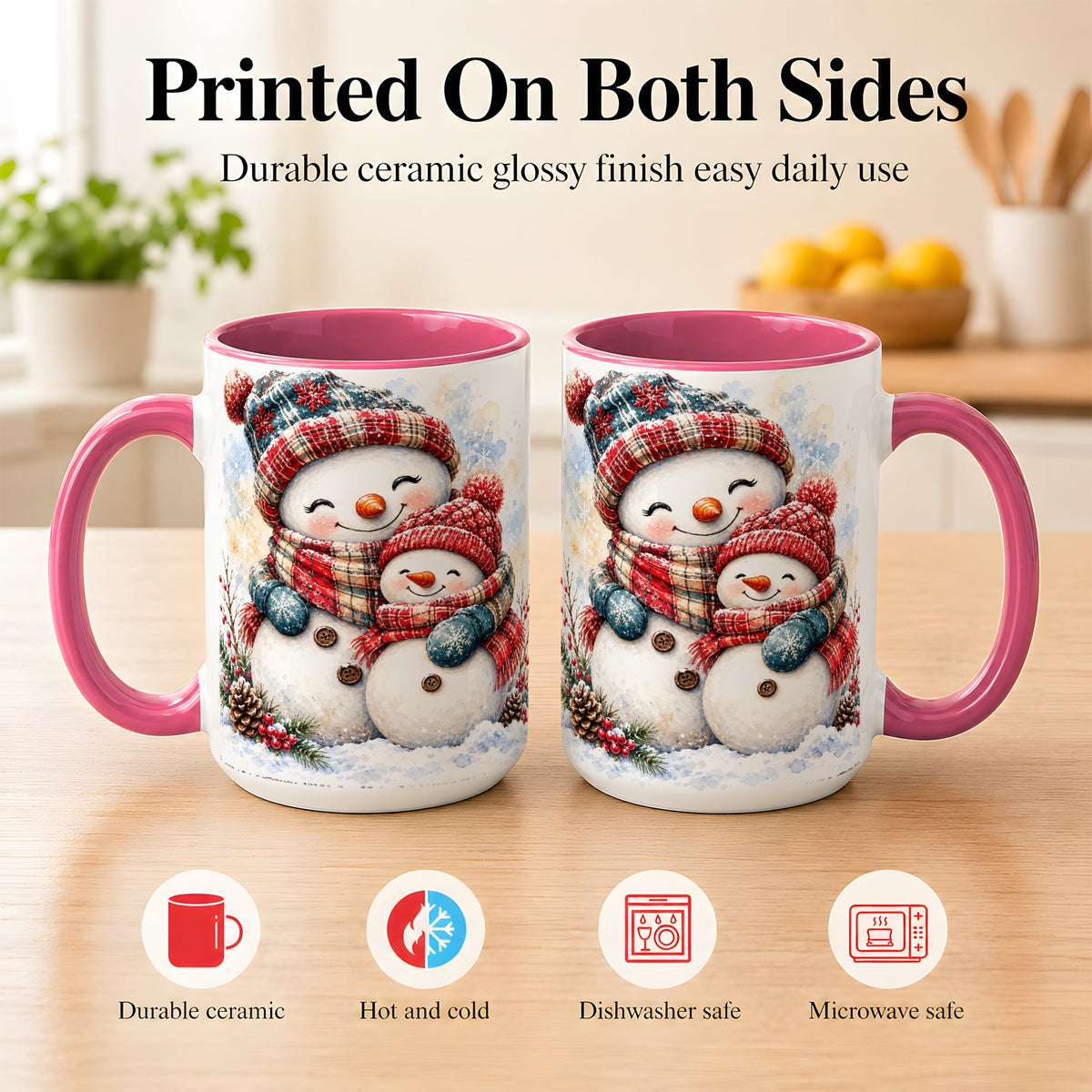 #pl[15oz|Pink] Snowman Family Coffee Mug, Cozy Winter Mug, Ceramic Cup