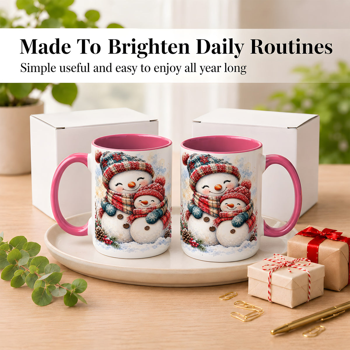 #pl[15oz|Pink] Snowman Family Coffee Mug, Cozy Winter Mug, Ceramic Cup