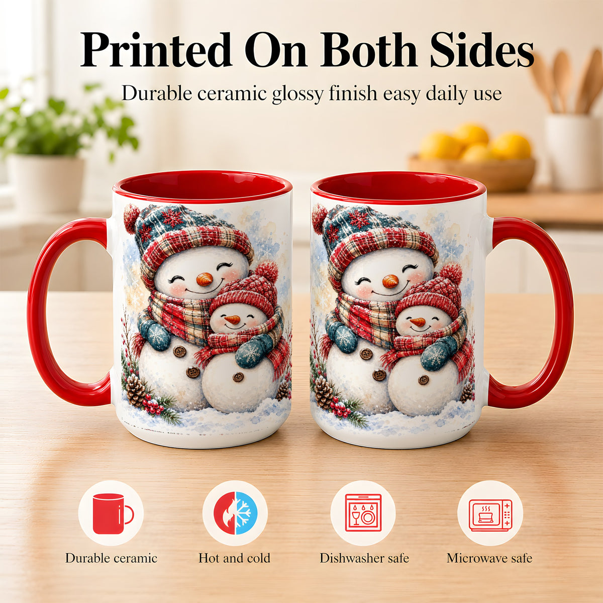 #pl[15oz|Red] Snowman Family Coffee Mug, Cozy Winter Mug, Ceramic Cup