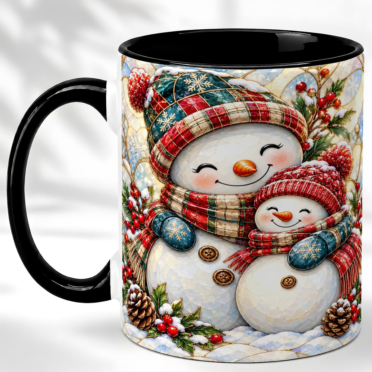 #pl[11oz|Black] Snowman Pair Coffee Mug, Stained Glass Style Mug, Ceramic Cup