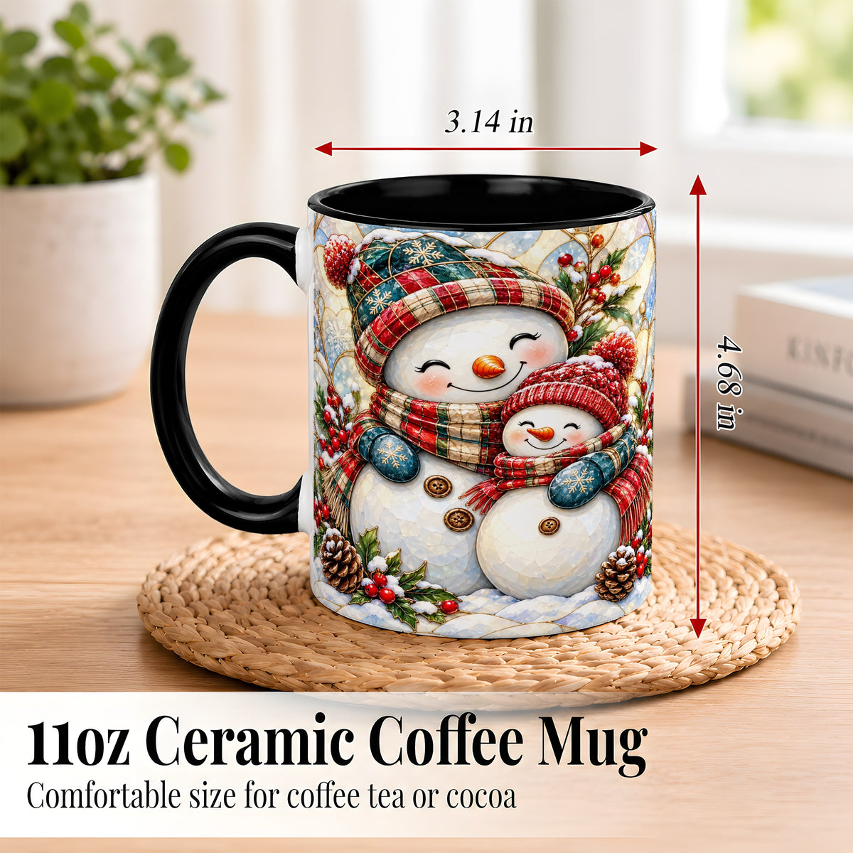#pl[11oz|Black] Snowman Pair Coffee Mug, Stained Glass Style Mug, Ceramic Cup