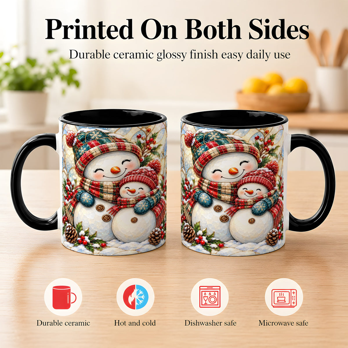 #pl[11oz|Black] Snowman Pair Coffee Mug, Stained Glass Style Mug, Ceramic Cup