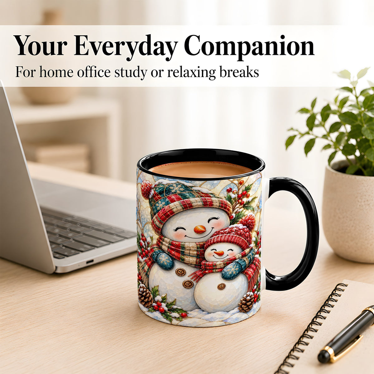 #pl[11oz|Black] Snowman Pair Coffee Mug, Stained Glass Style Mug, Ceramic Cup
