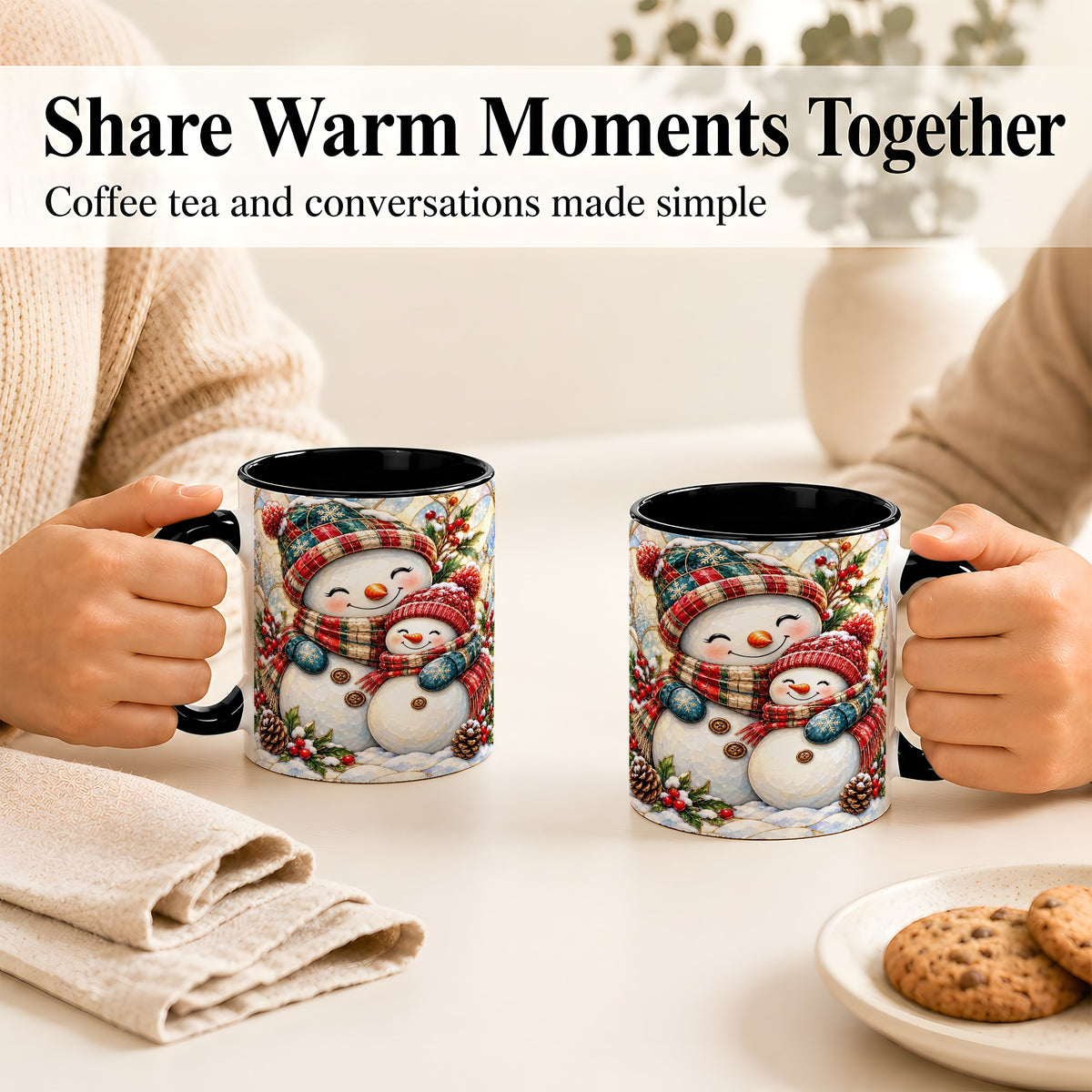 #pl[11oz|Black] Snowman Pair Coffee Mug, Stained Glass Style Mug, Ceramic Cup