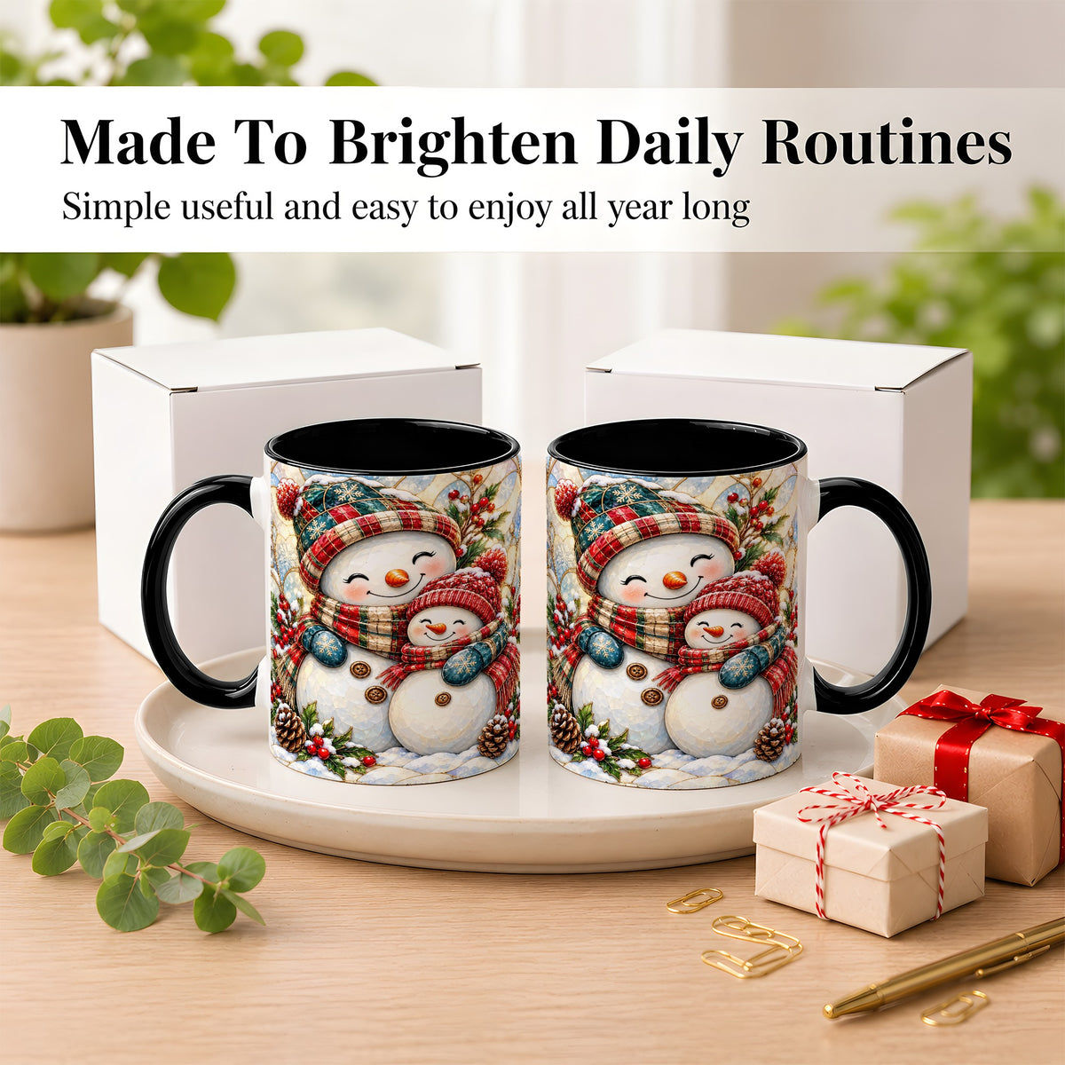 #pl[11oz|Black] Snowman Pair Coffee Mug, Stained Glass Style Mug, Ceramic Cup