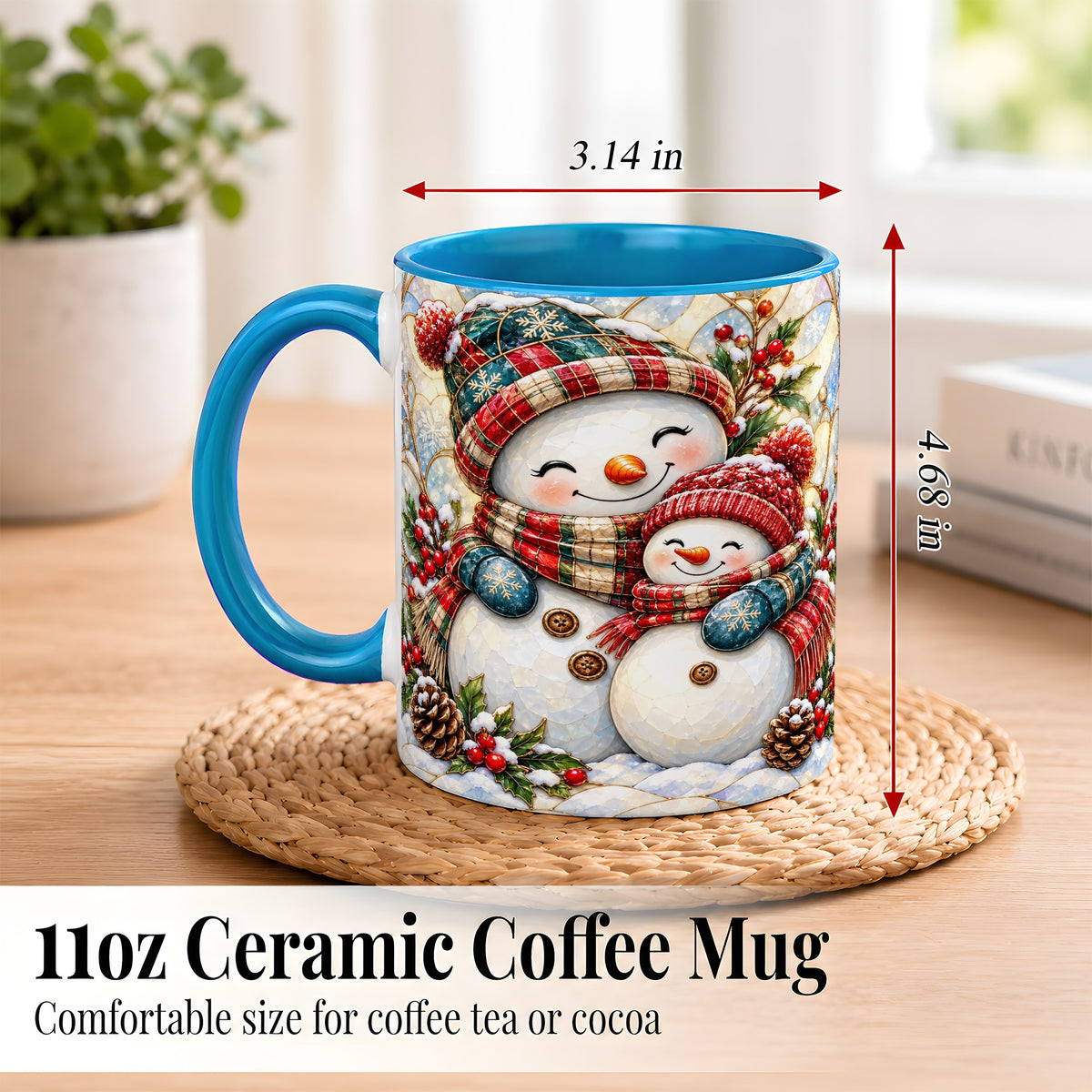 #pl[11oz|Blue] Snowman Pair Coffee Mug, Stained Glass Style Mug, Ceramic Cup