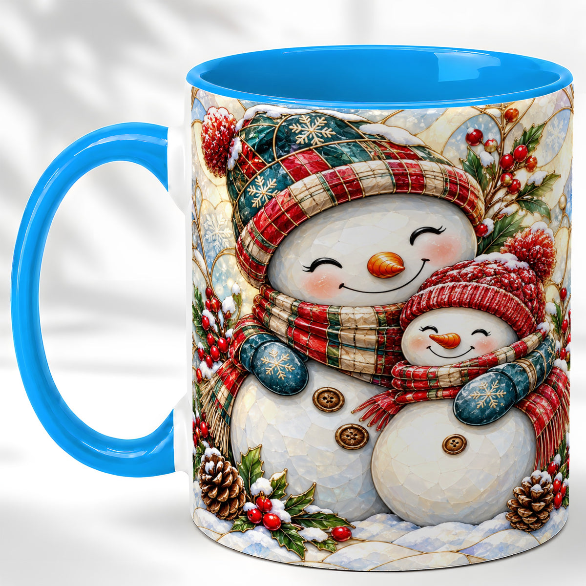 #pl[11oz|Blue] Snowman Pair Coffee Mug, Stained Glass Style Mug, Ceramic Cup