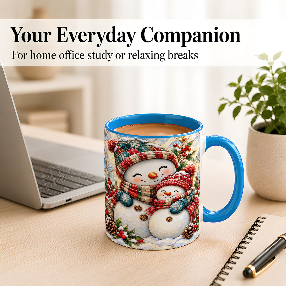 #pl[11oz|Blue] Snowman Pair Coffee Mug, Stained Glass Style Mug, Ceramic Cup