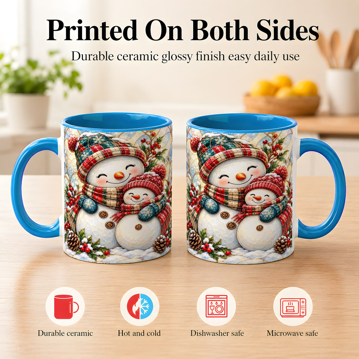 #pl[11oz|Blue] Snowman Pair Coffee Mug, Stained Glass Style Mug, Ceramic Cup