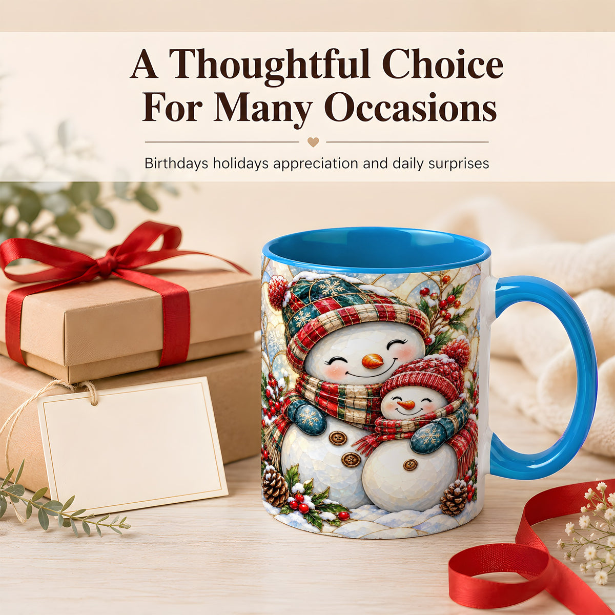 #pl[11oz|Blue] Snowman Pair Coffee Mug, Stained Glass Style Mug, Ceramic Cup