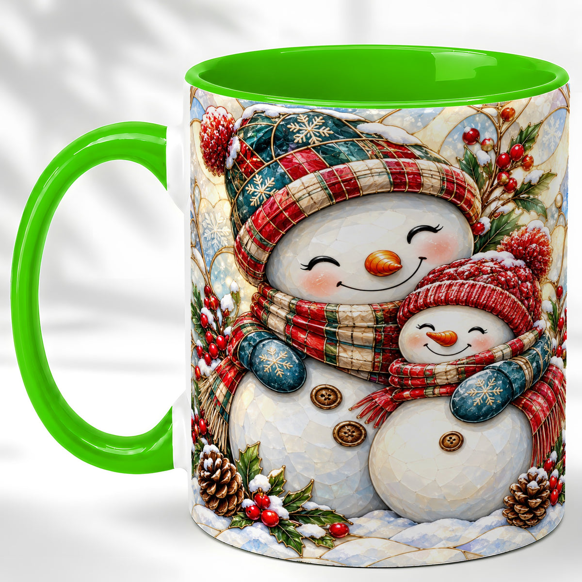 #pl[11oz|Green] Snowman Pair Coffee Mug, Stained Glass Style Mug, Ceramic Cup