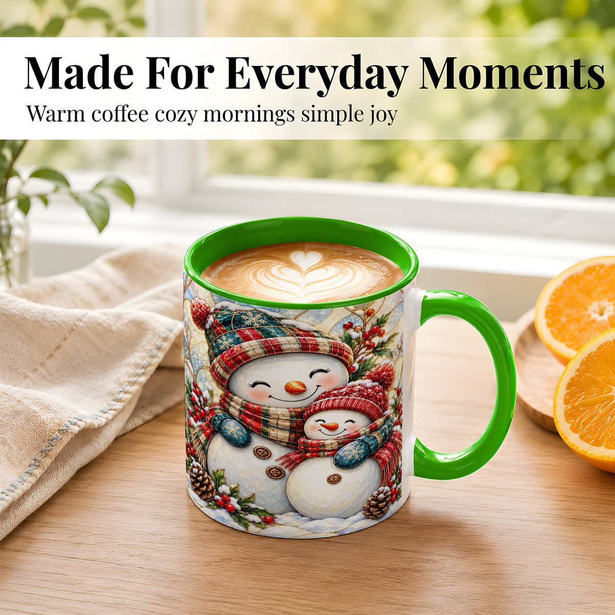#pl[11oz|Green] Snowman Pair Coffee Mug, Stained Glass Style Mug, Ceramic Cup