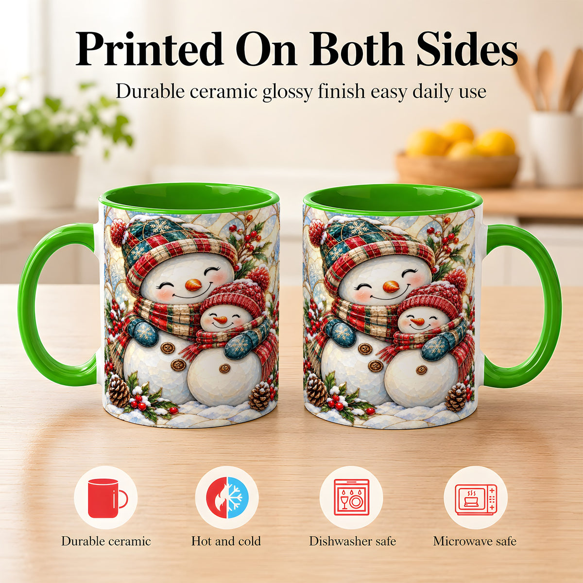 #pl[11oz|Green] Snowman Pair Coffee Mug, Stained Glass Style Mug, Ceramic Cup