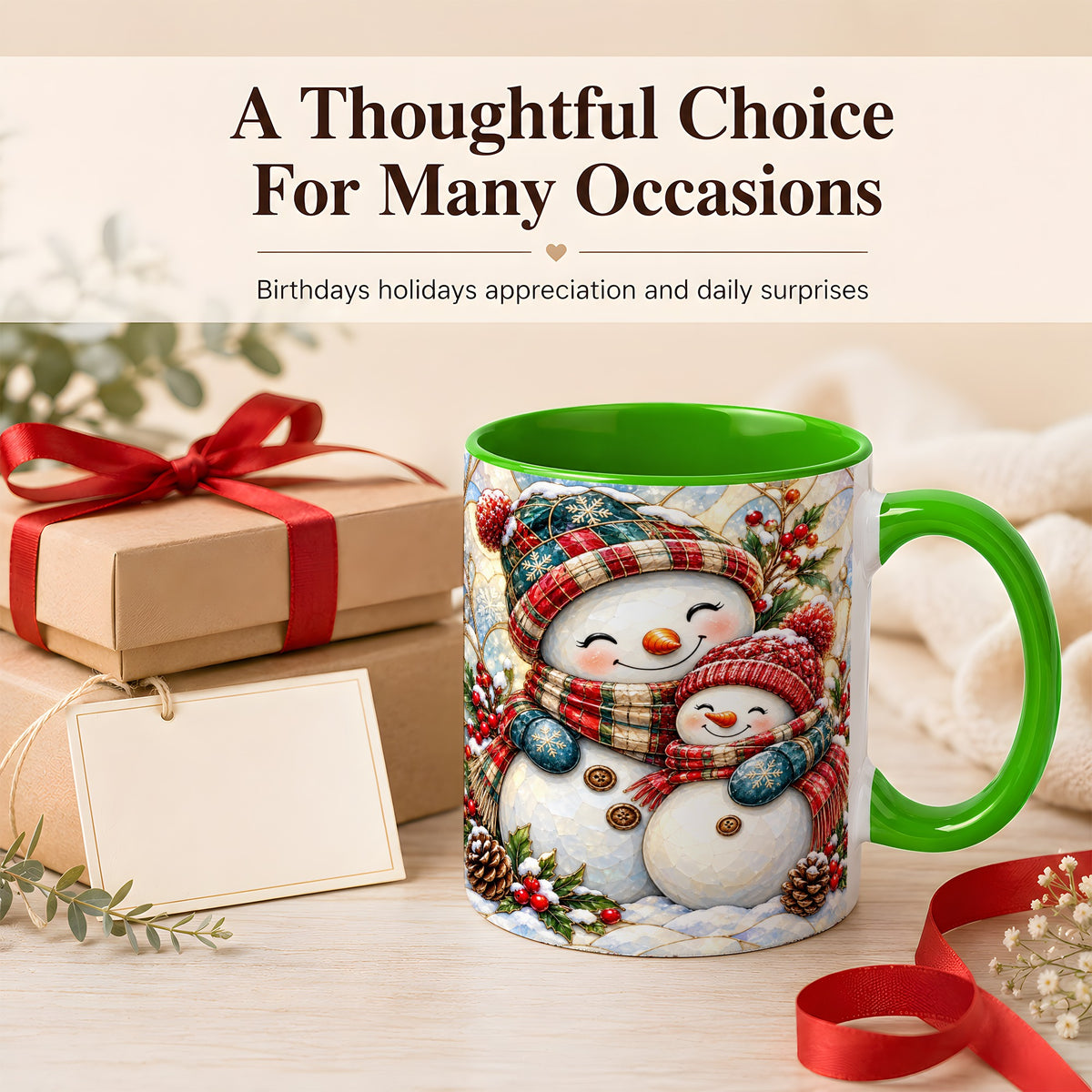 #pl[11oz|Green] Snowman Pair Coffee Mug, Stained Glass Style Mug, Ceramic Cup