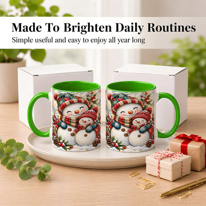 #pl[11oz|Green] Snowman Pair Coffee Mug, Stained Glass Style Mug, Ceramic Cup