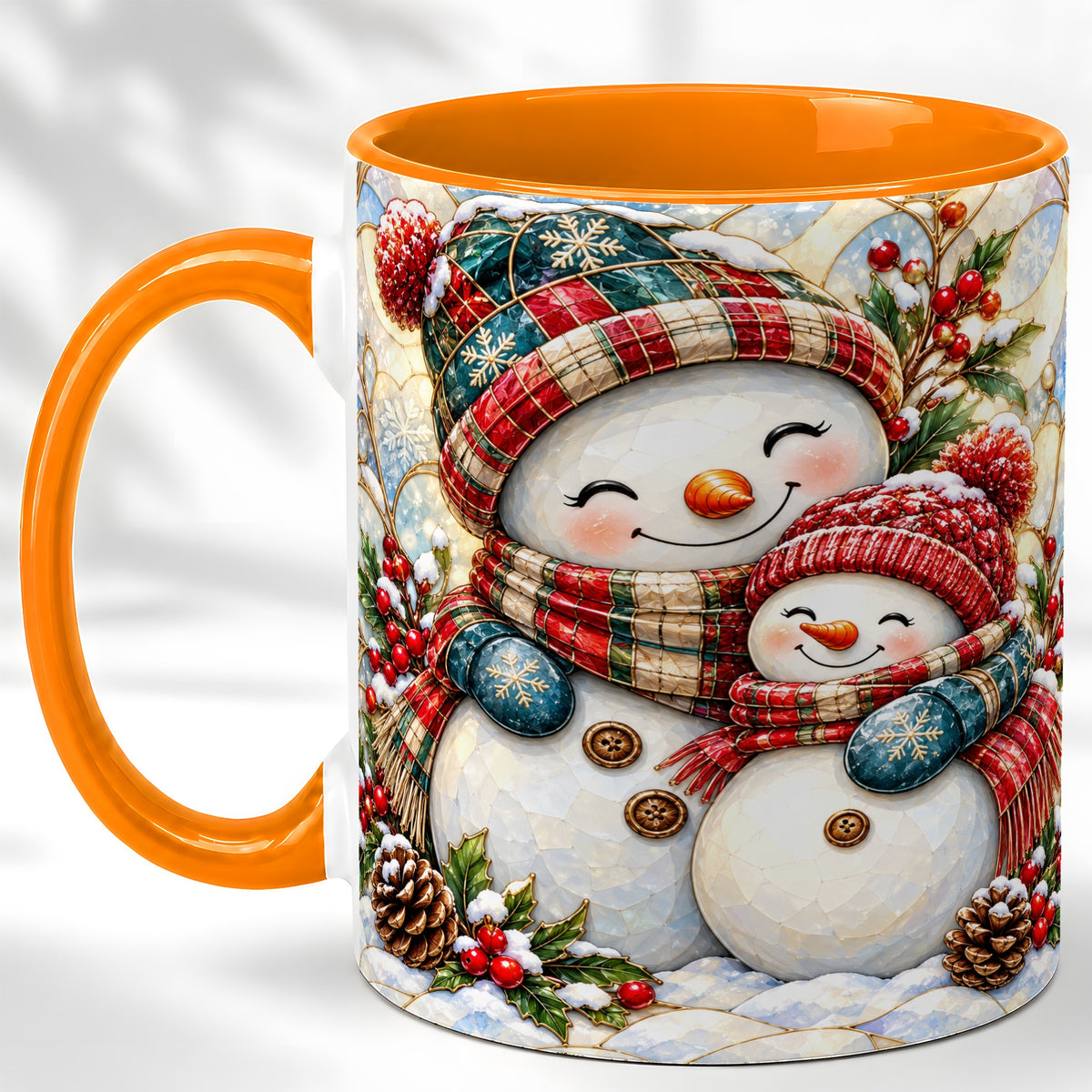 #pl[11oz|Orange] Snowman Pair Coffee Mug, Stained Glass Style Mug, Ceramic Cup