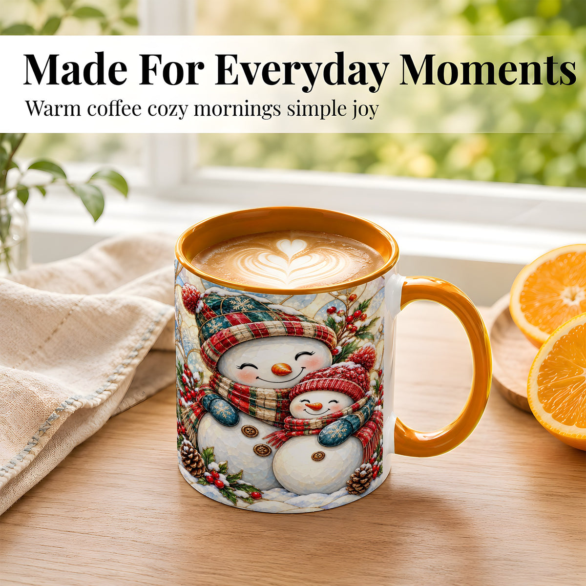 #pl[11oz|Orange] Snowman Pair Coffee Mug, Stained Glass Style Mug, Ceramic Cup