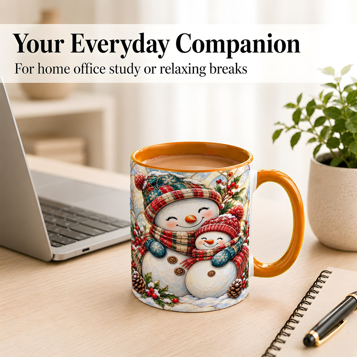 #pl[11oz|Orange] Snowman Pair Coffee Mug, Stained Glass Style Mug, Ceramic Cup