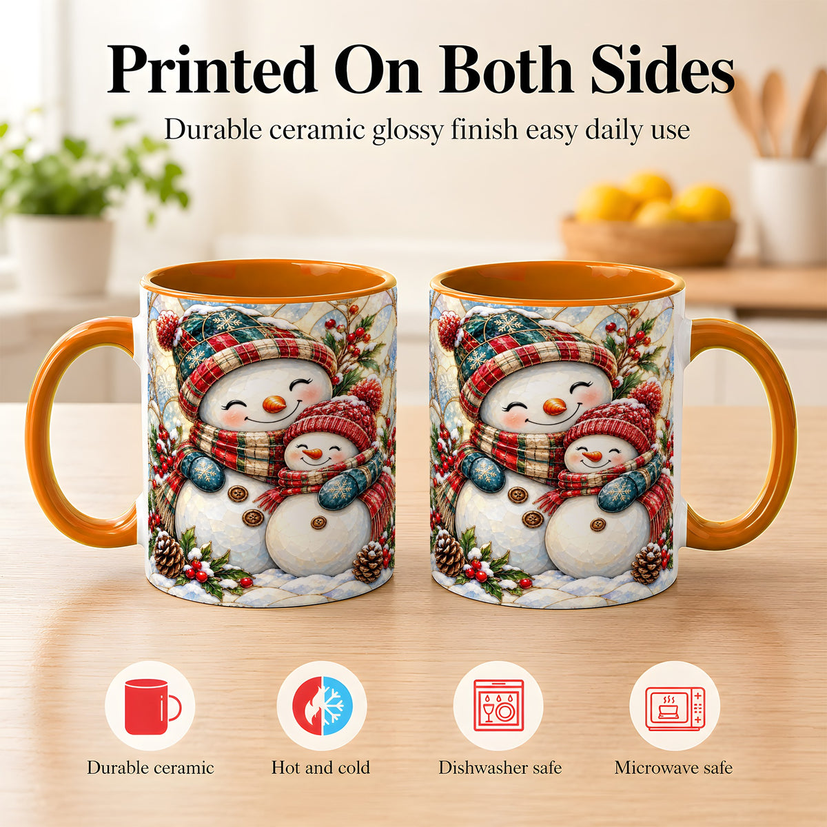#pl[11oz|Orange] Snowman Pair Coffee Mug, Stained Glass Style Mug, Ceramic Cup
