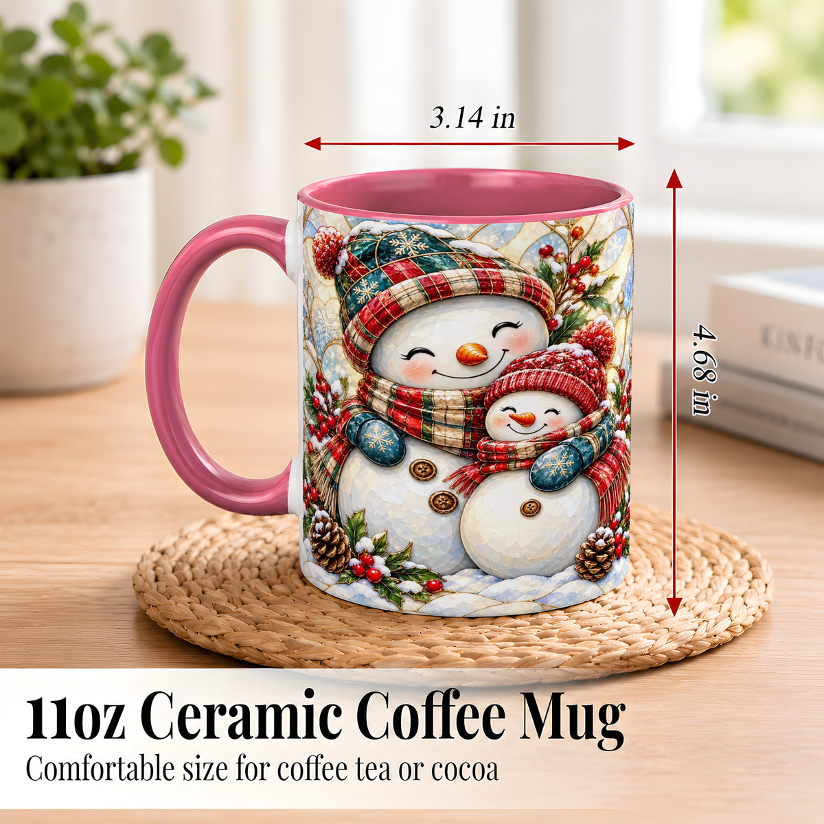 #pl[11oz|Pink] Snowman Pair Coffee Mug, Stained Glass Style Mug, Ceramic Cup