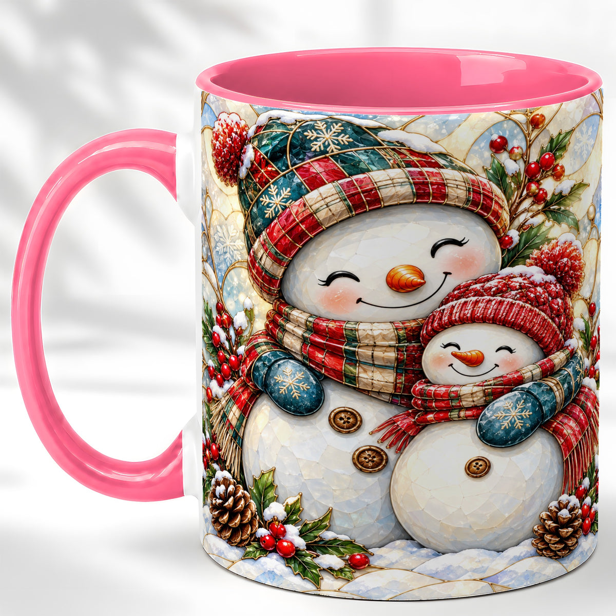#pl[11oz|Pink] Snowman Pair Coffee Mug, Stained Glass Style Mug, Ceramic Cup