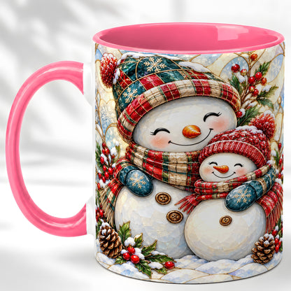 #pl[11oz|Pink] Snowman Pair Coffee Mug, Stained Glass Style Mug, Ceramic Cup