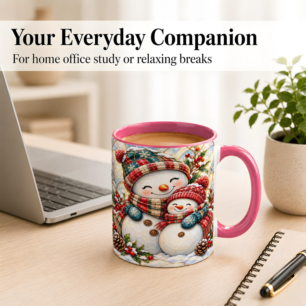 #pl[11oz|Pink] Snowman Pair Coffee Mug, Stained Glass Style Mug, Ceramic Cup