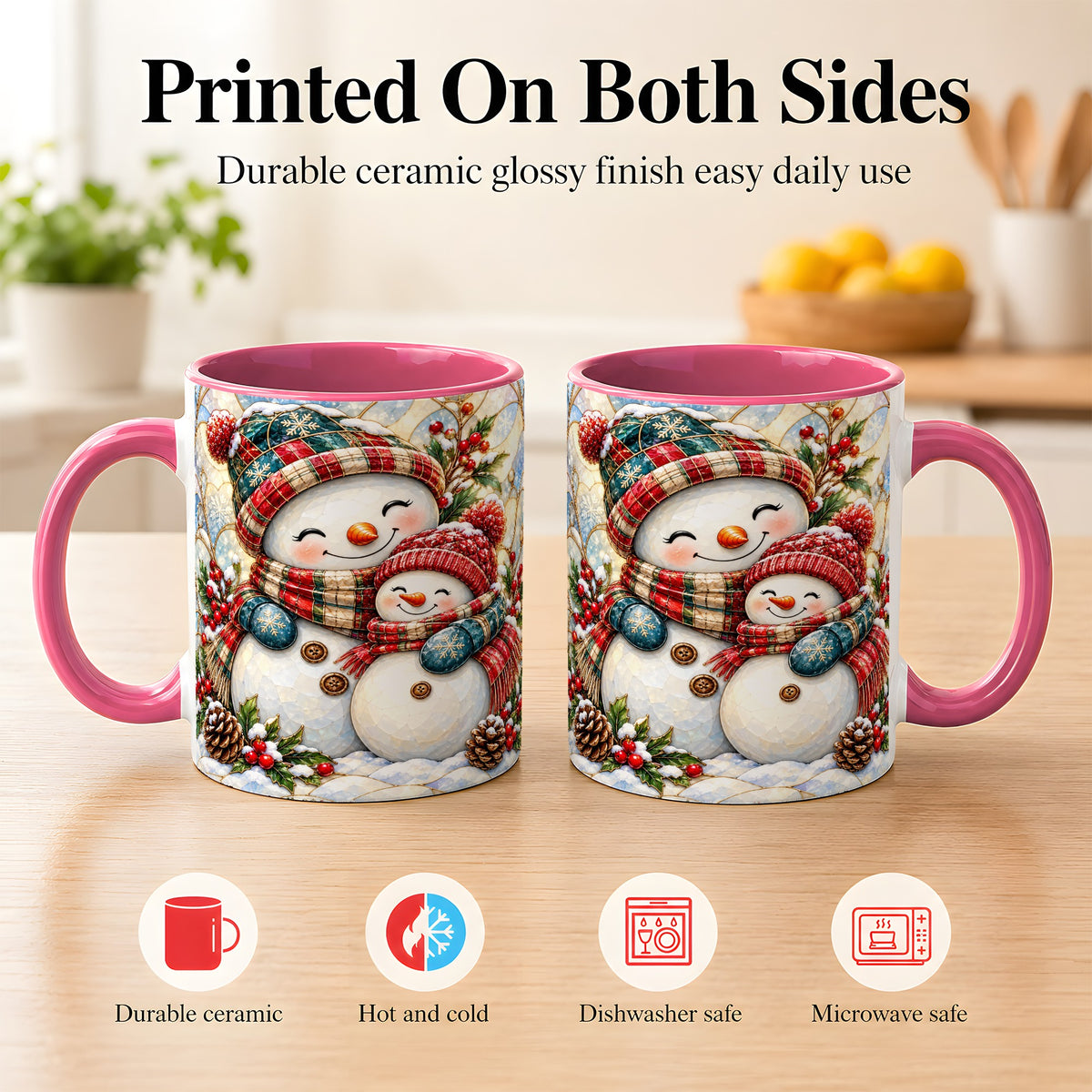 #pl[11oz|Pink] Snowman Pair Coffee Mug, Stained Glass Style Mug, Ceramic Cup